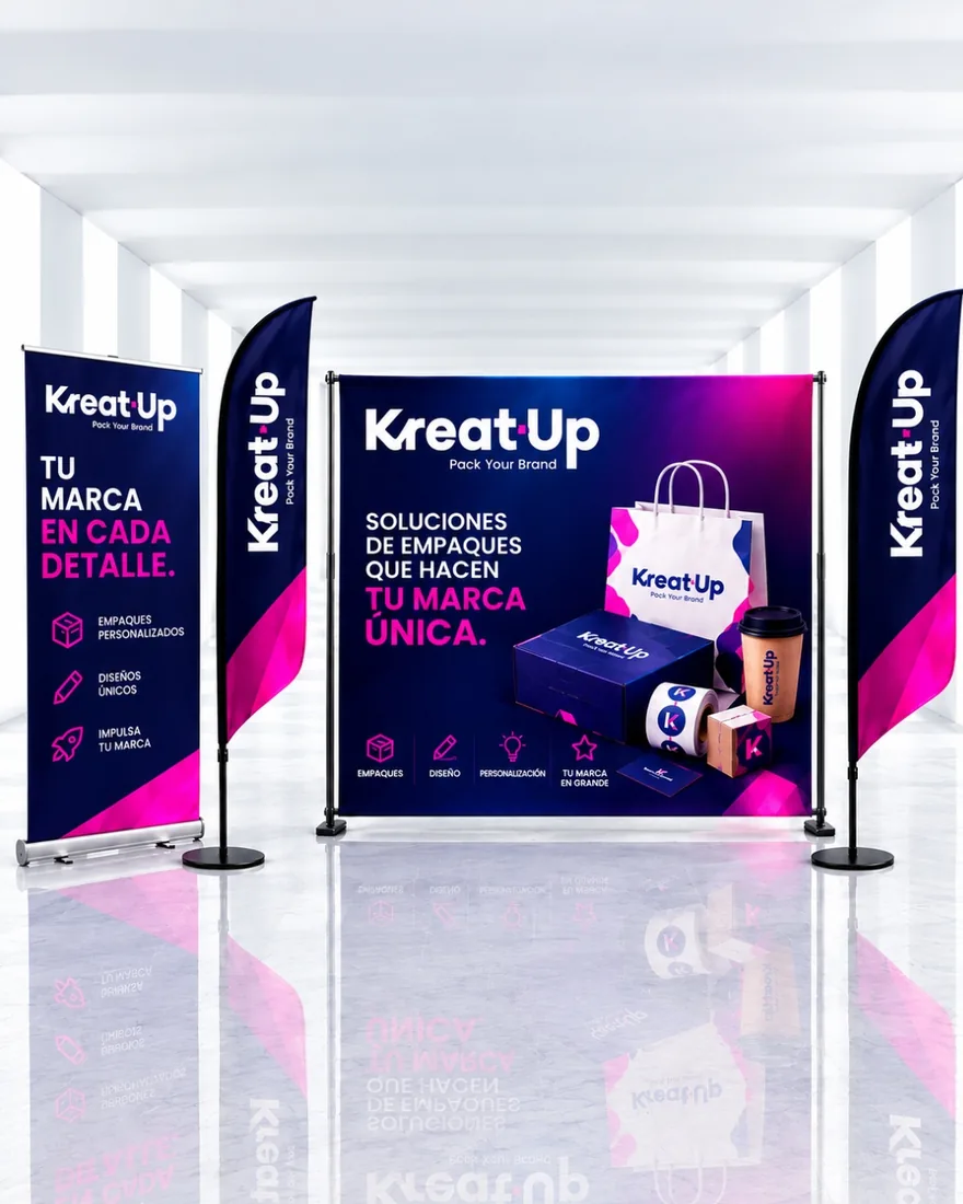 Brand booth with banners, flags and a printed backdrop